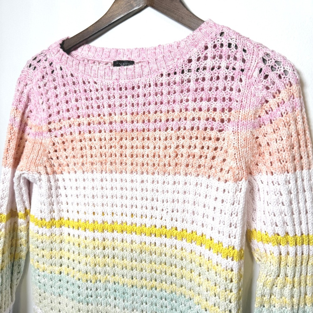 Talbots Womens Medium Rainbow Stripe Cotton Open Knit Sweater 3/4 Sleeve Pastel